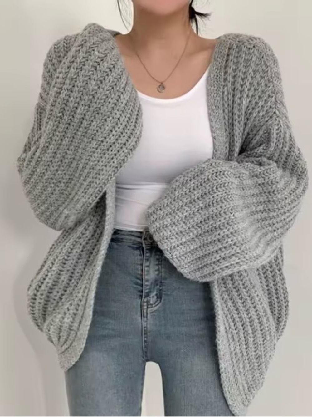 Cozy Chunky Knit Open-Front Cardigan Sweater - Light Gray